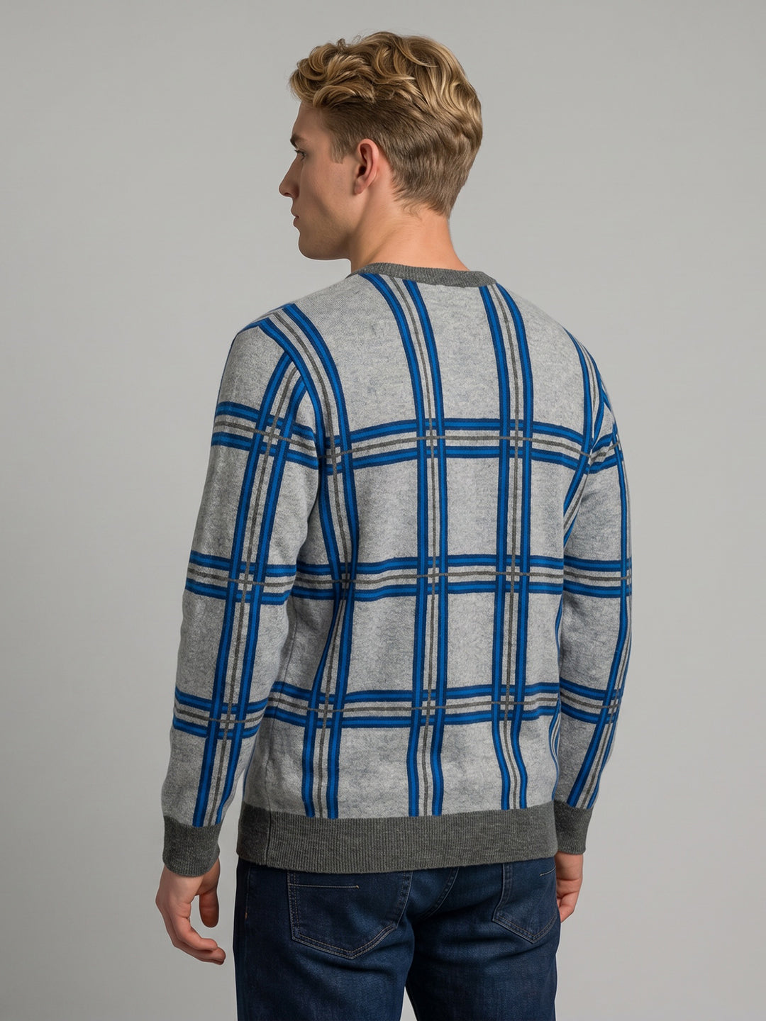 Men Grey Check V Neck Full Sleeve Pullover