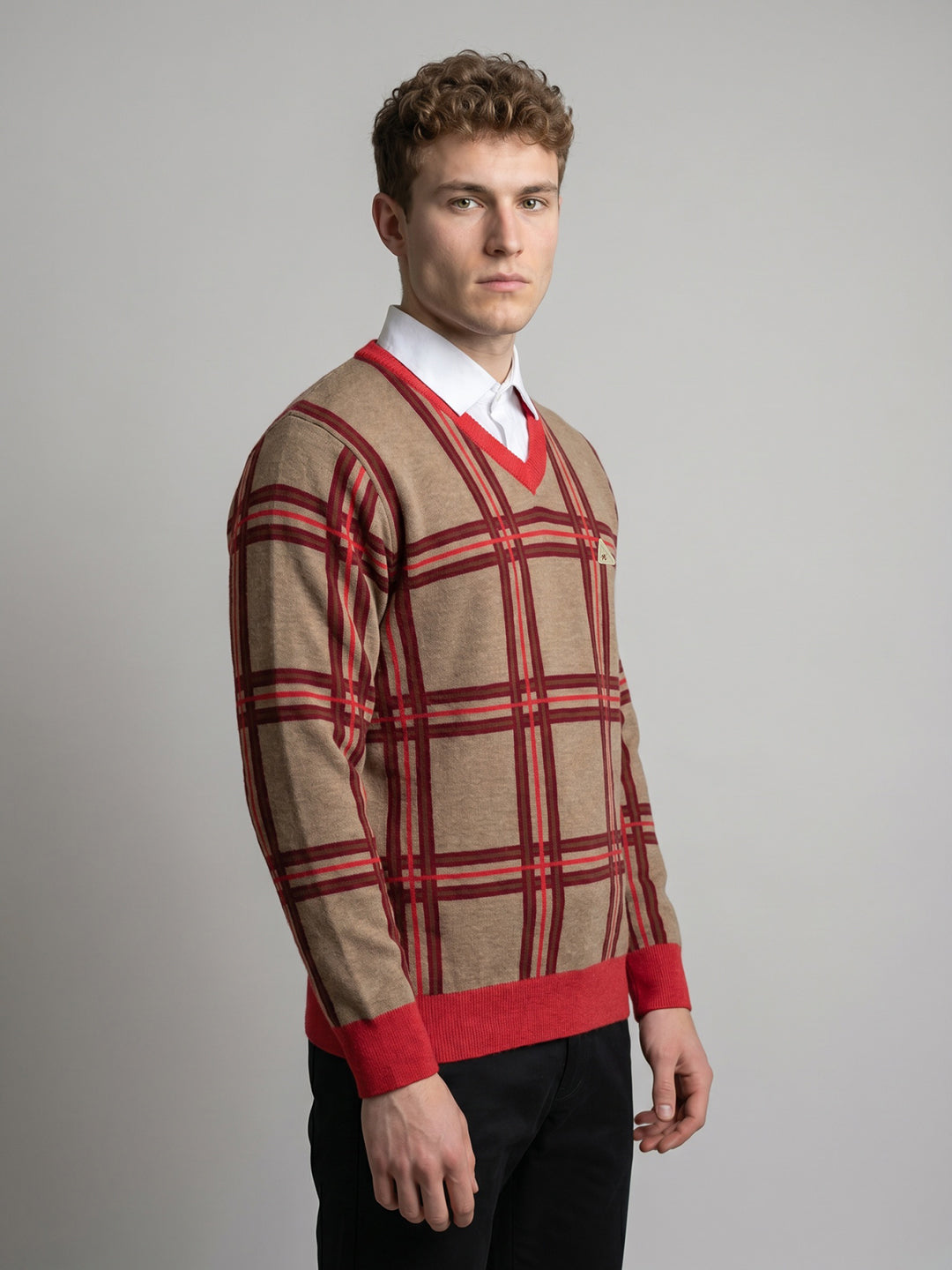 Men Brown Check V Neck Full Sleeve Pullover