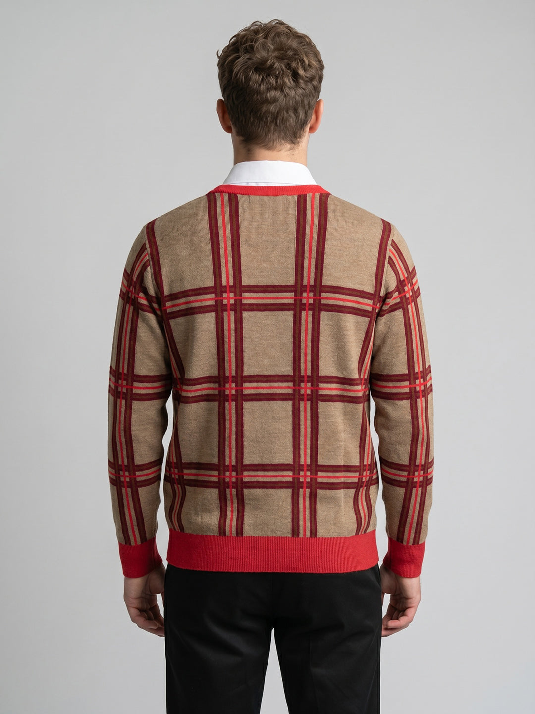Men Brown Check V Neck Full Sleeve Pullover