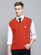 Men Rust Self Design V Neck Sleeveless Sweater