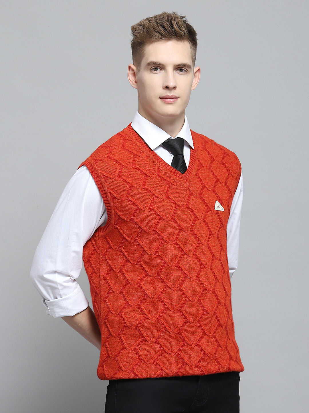 Men Rust Self Design V Neck Sleeveless Sweater