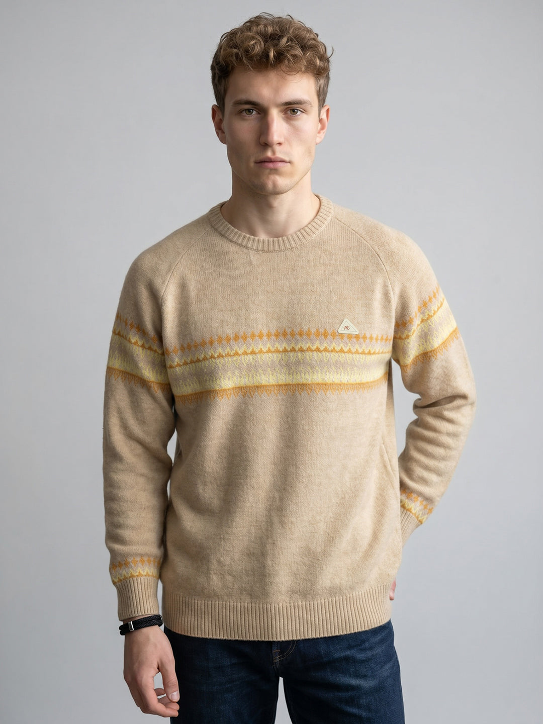 Men Camel Brown Jacquard Round Neck Full Sleeve Pullover