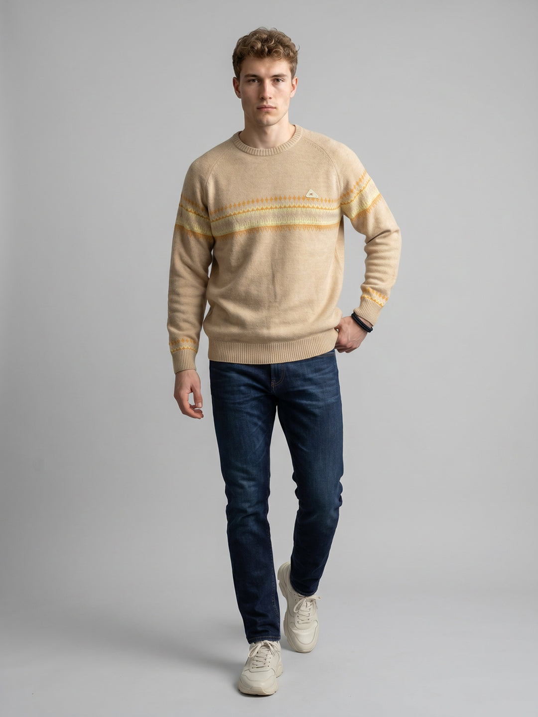 Men Camel Brown Jacquard Round Neck Full Sleeve Pullover
