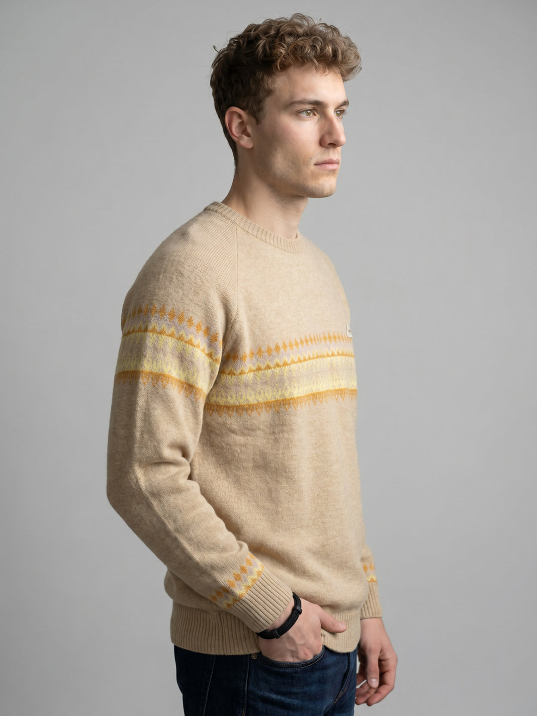 Men Camel Brown Jacquard Round Neck Full Sleeve Pullover