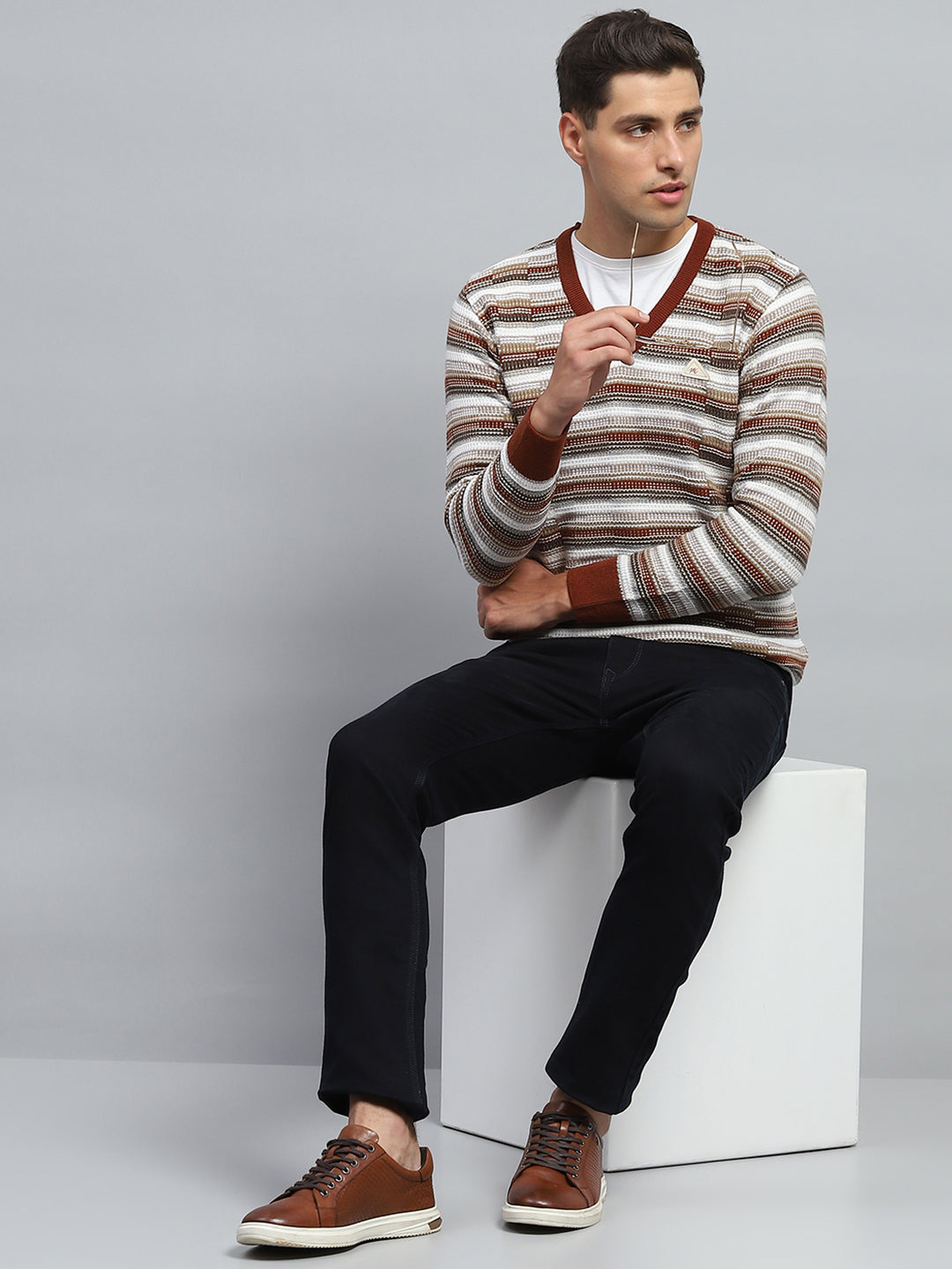 Men Brown Stripe V Neck Full Sleeve Pullover