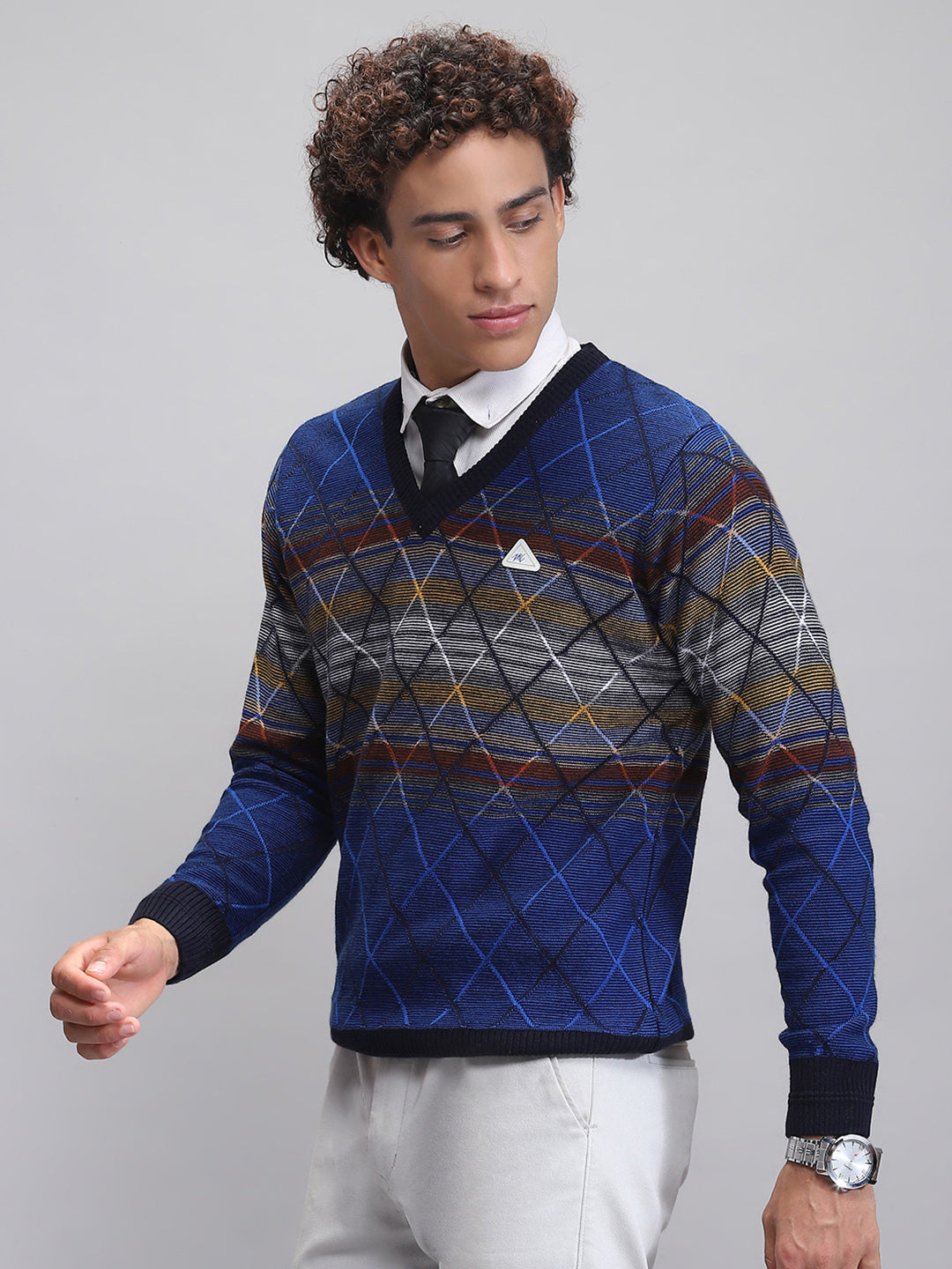 Men Blue Printed V Neck Full Sleeve Pullover