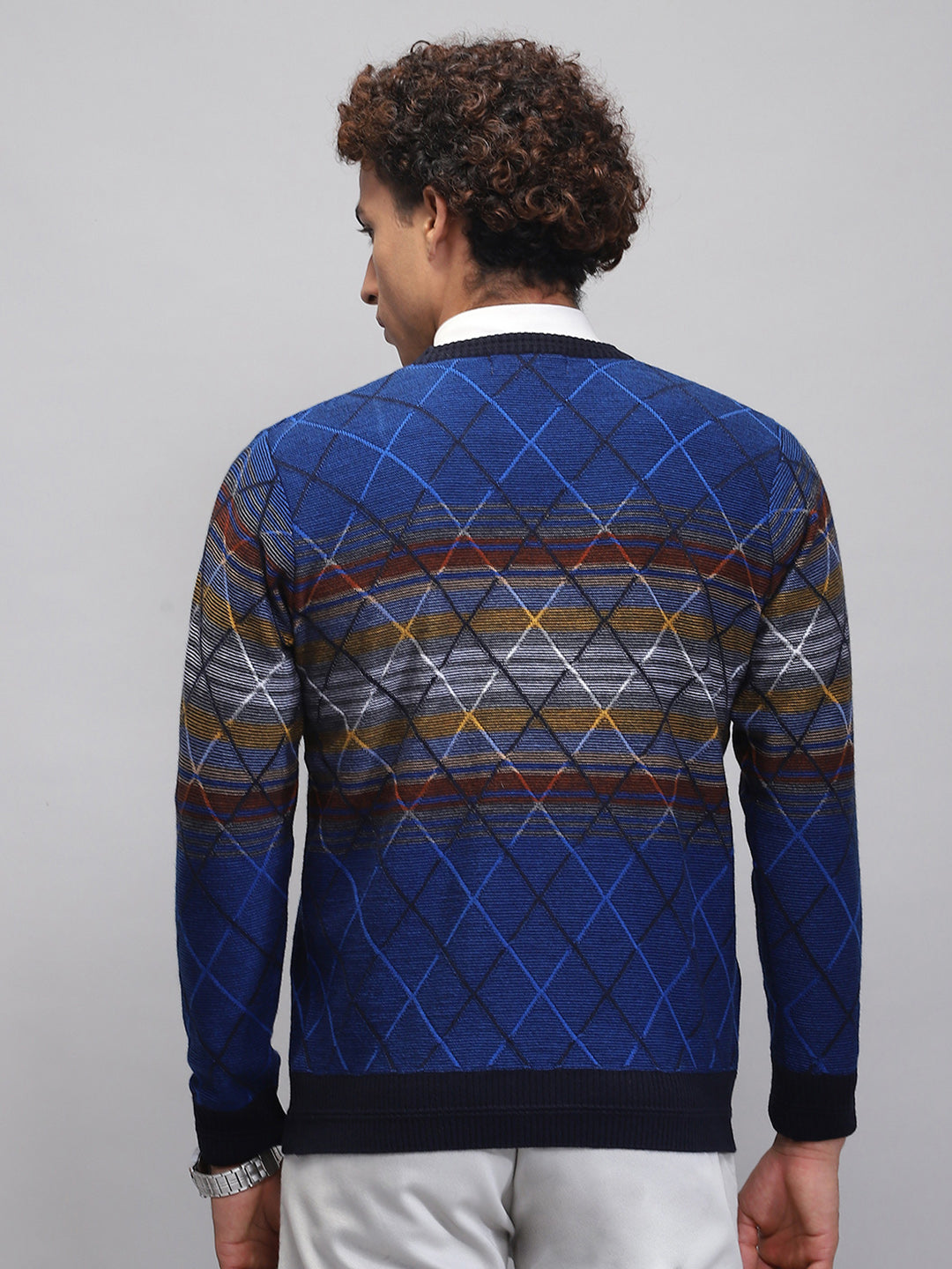 Men Blue Printed V Neck Full Sleeve Pullover