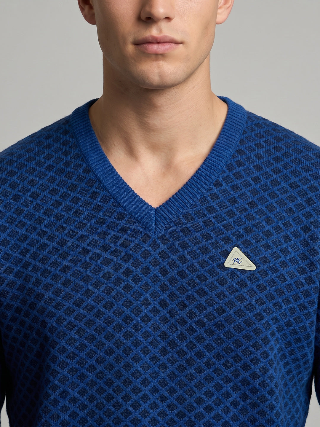 Men Blue Jacquard V Neck Full Sleeve Pullover