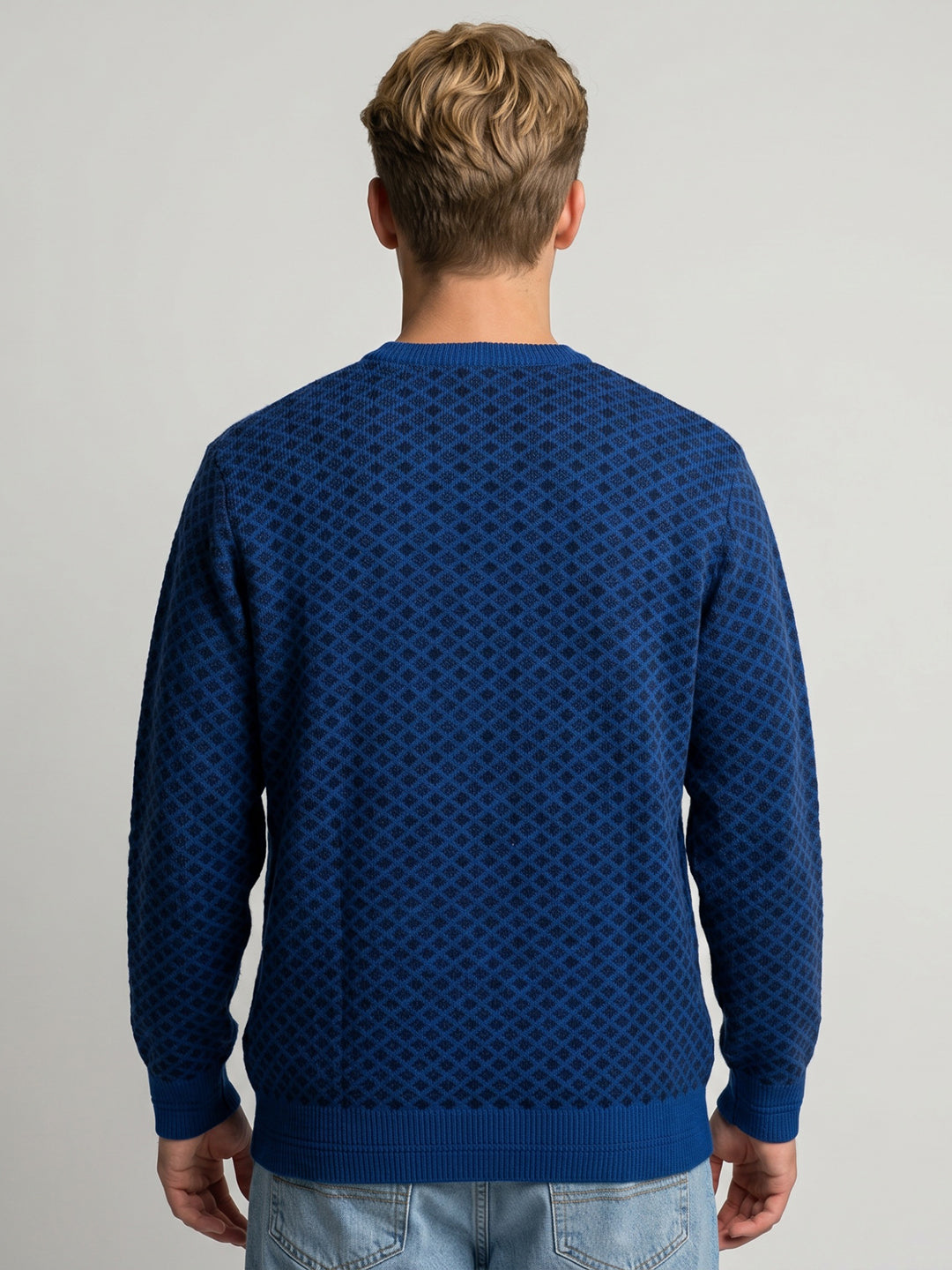 Men Blue Jacquard V Neck Full Sleeve Pullover