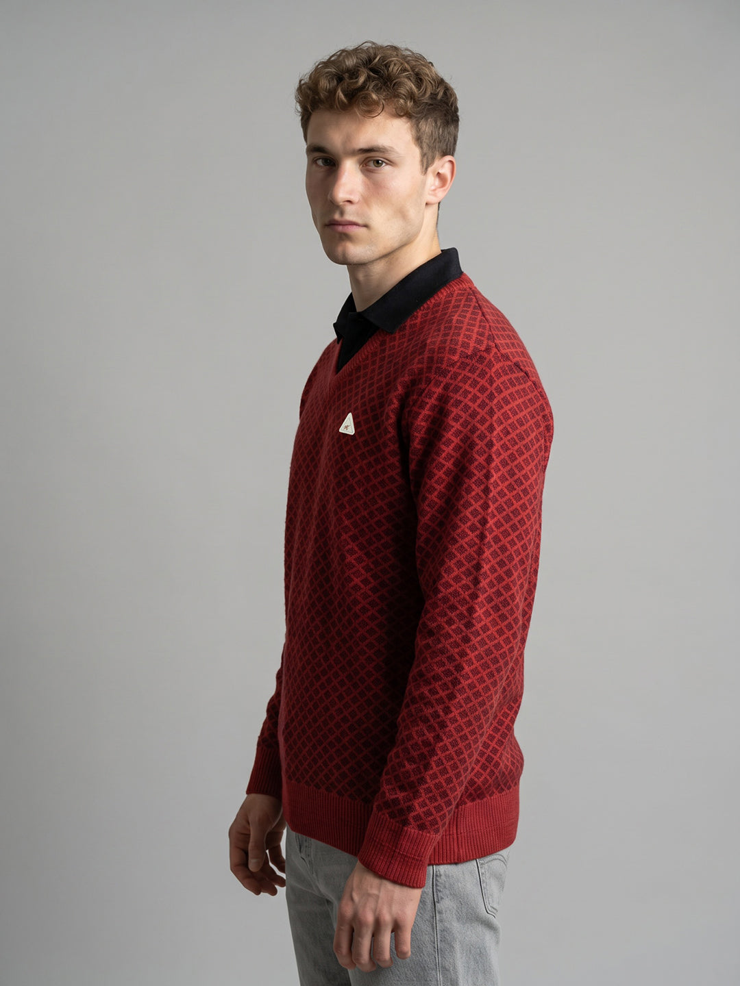 Men Red Jacquard V Neck Full Sleeve Pullover