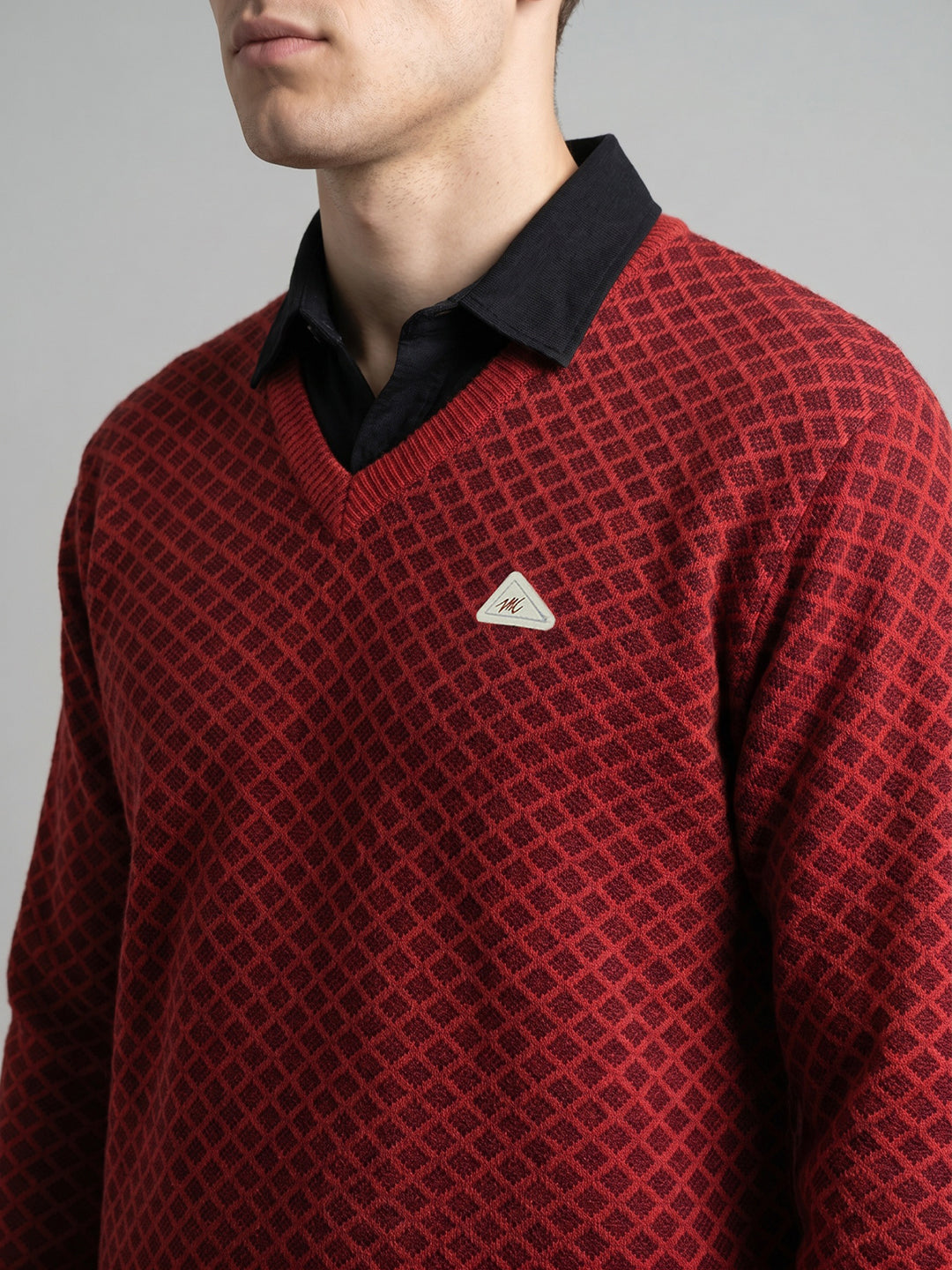 Men Red Jacquard V Neck Full Sleeve Pullover