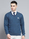 Men Navy Blue Self Design V Neck Full Sleeve Pullover