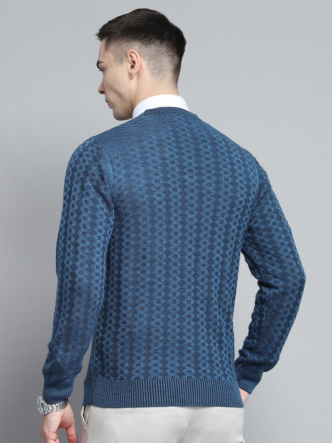 Men Navy Blue Self Design V Neck Full Sleeve Pullover