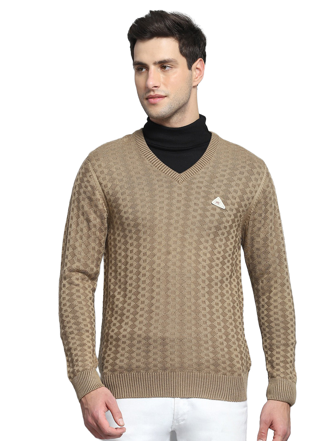 Men Brown Self Design V Neck Full Sleeve Pullover