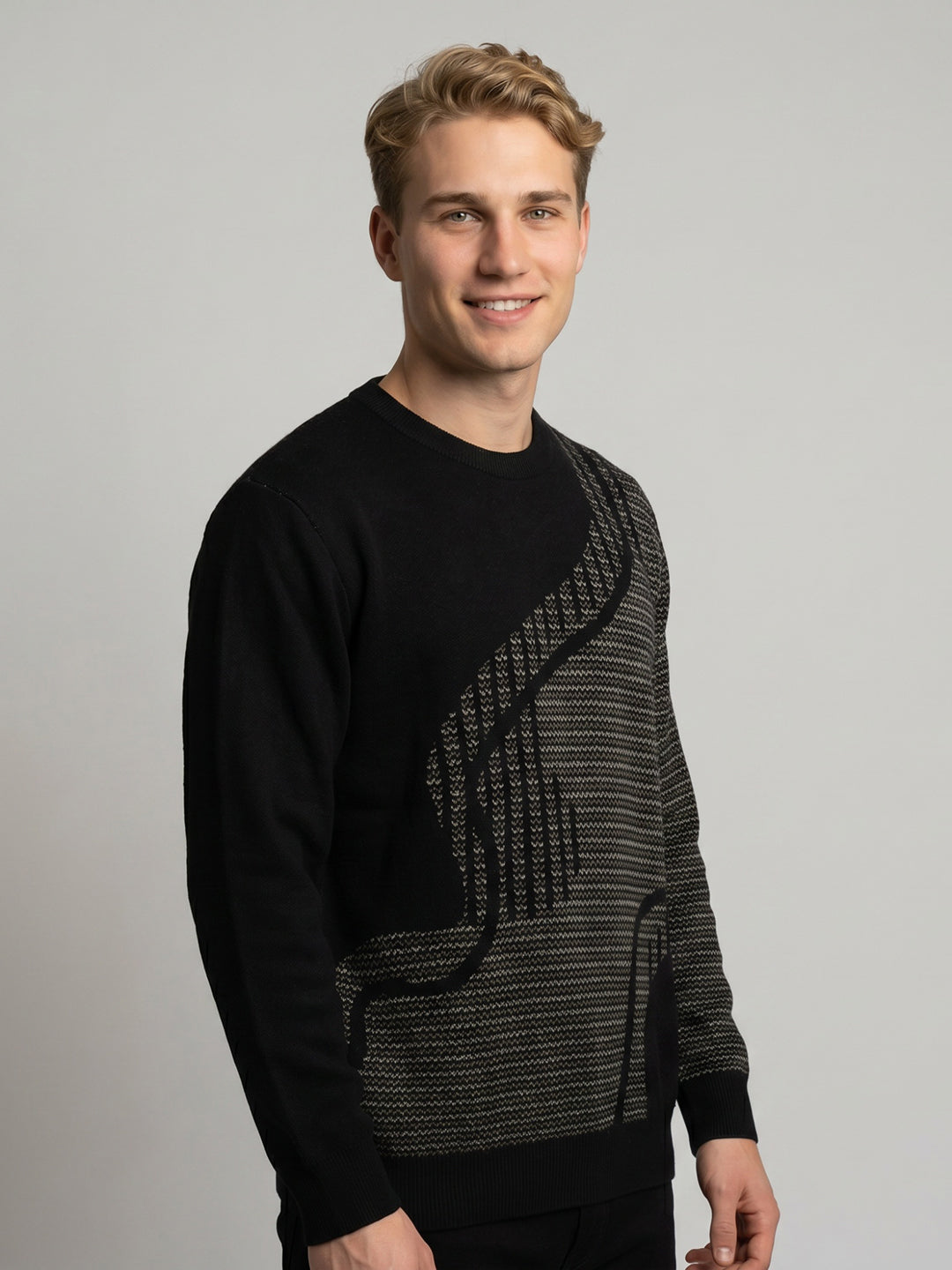Men Black Jacquard Round Neck Full Sleeve Pullover
