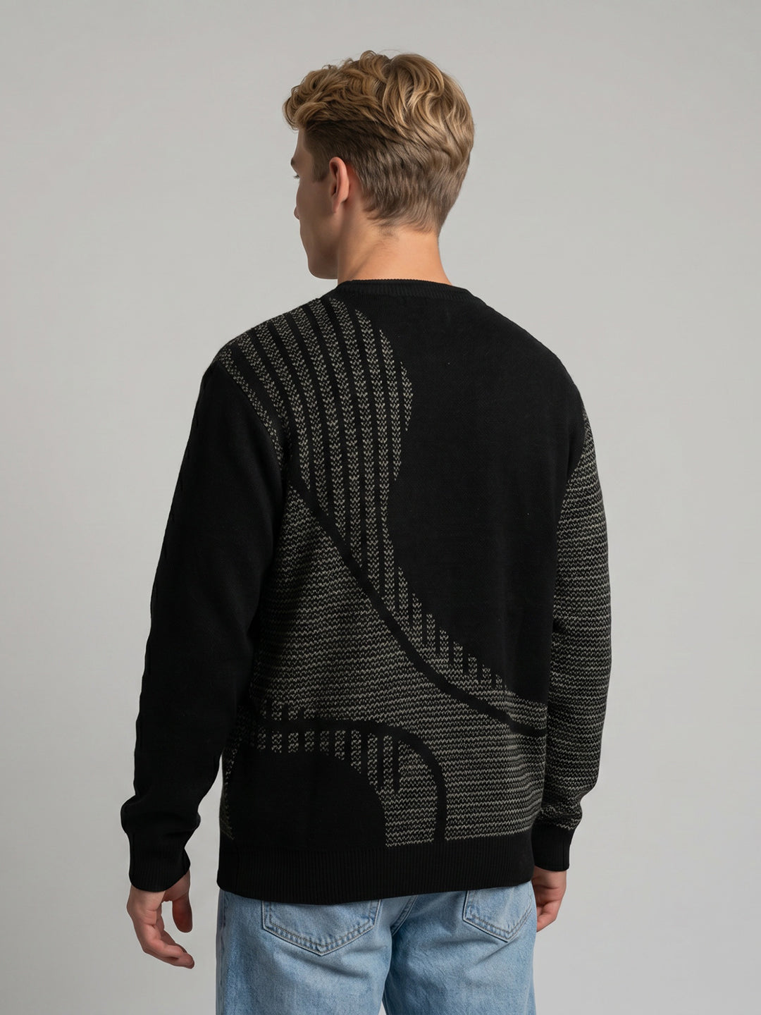 Men Black Jacquard Round Neck Full Sleeve Pullover