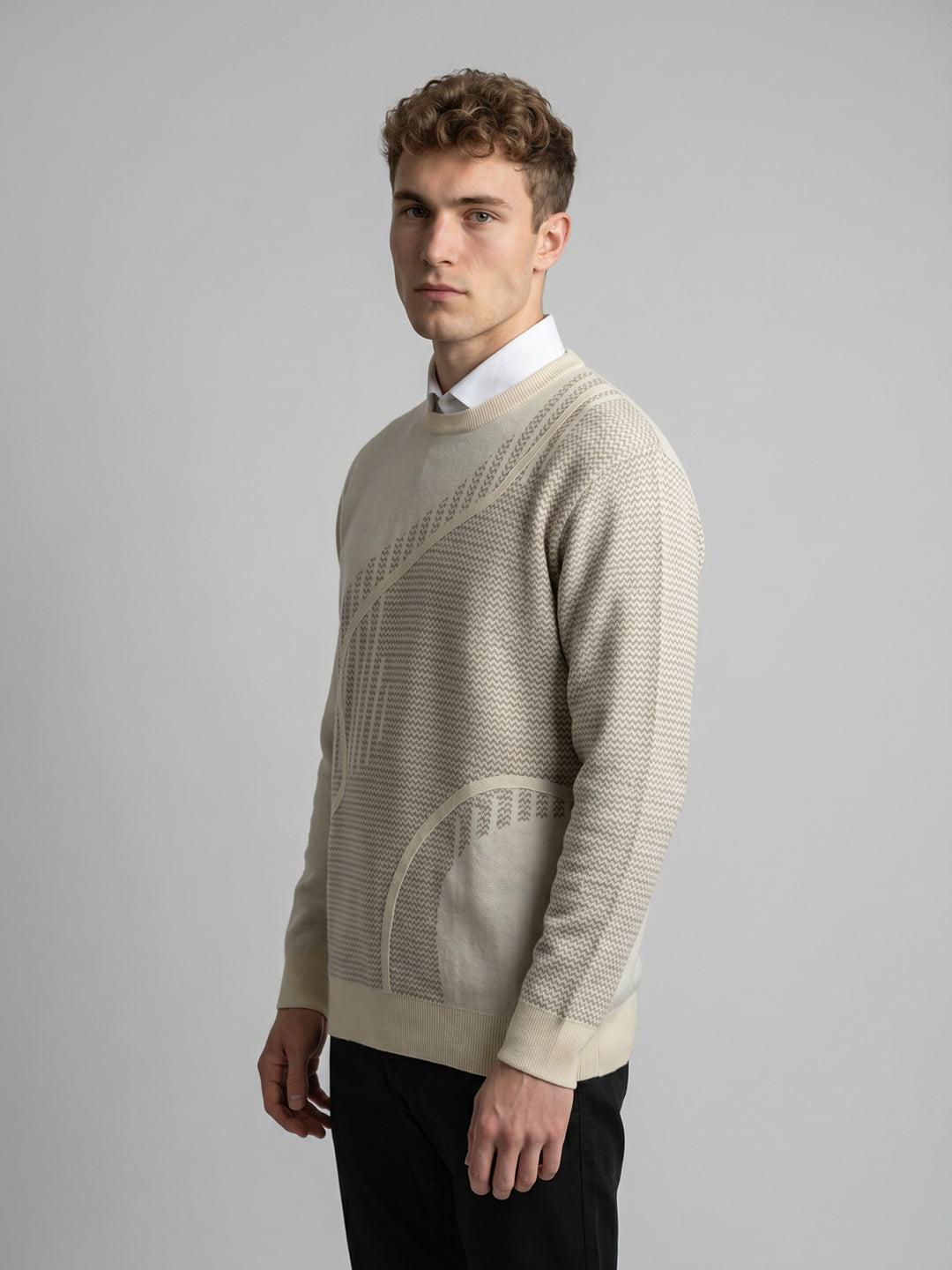 Men Beige Jacquard Round Neck Full Sleeve Pullover