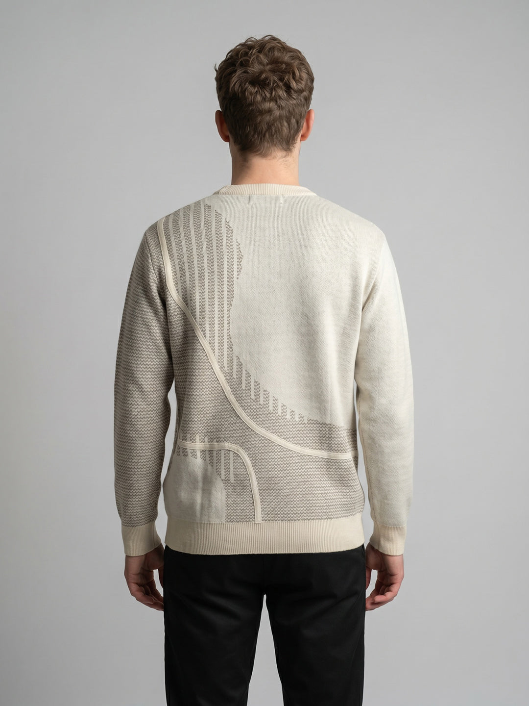 Men Beige Jacquard Round Neck Full Sleeve Pullover
