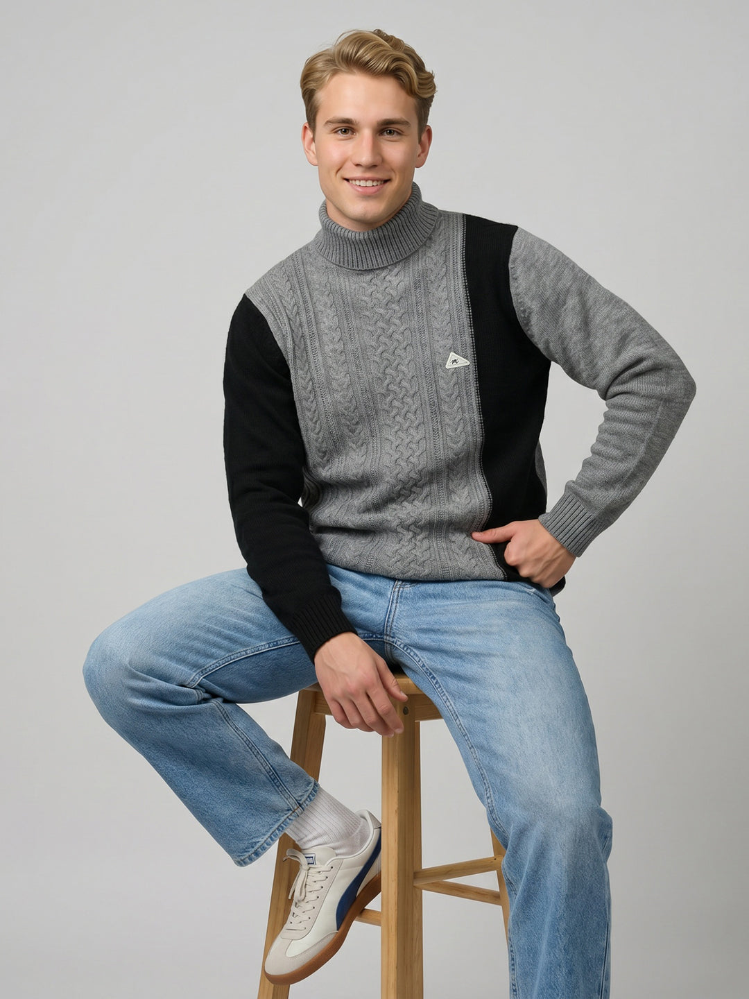 Men Grey Self Design High Neck Full Sleeve Pullover