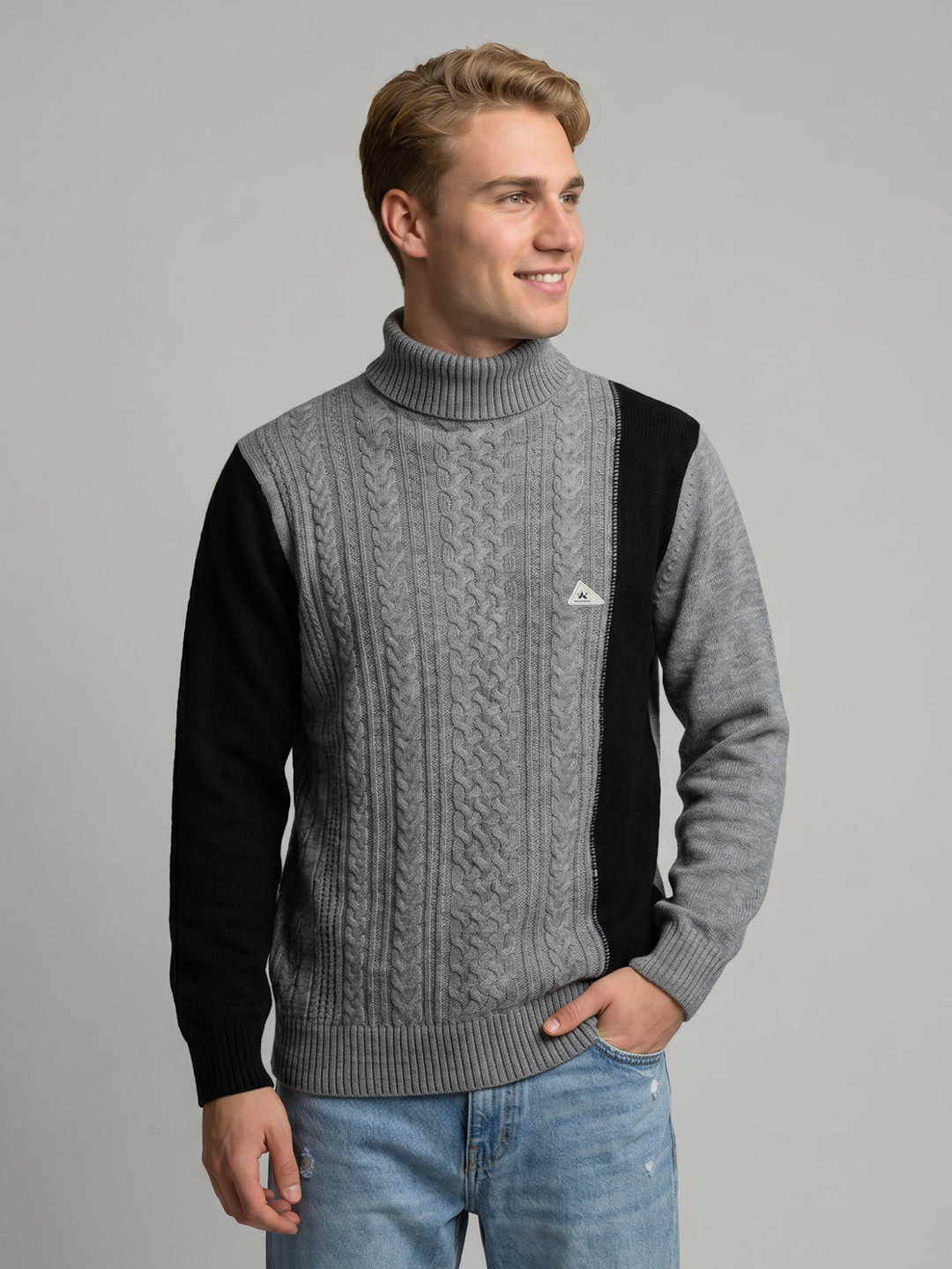 Men Grey Self Design High Neck Full Sleeve Pullover