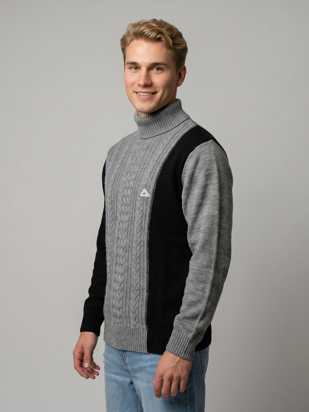 Men Grey Self Design High Neck Full Sleeve Pullover
