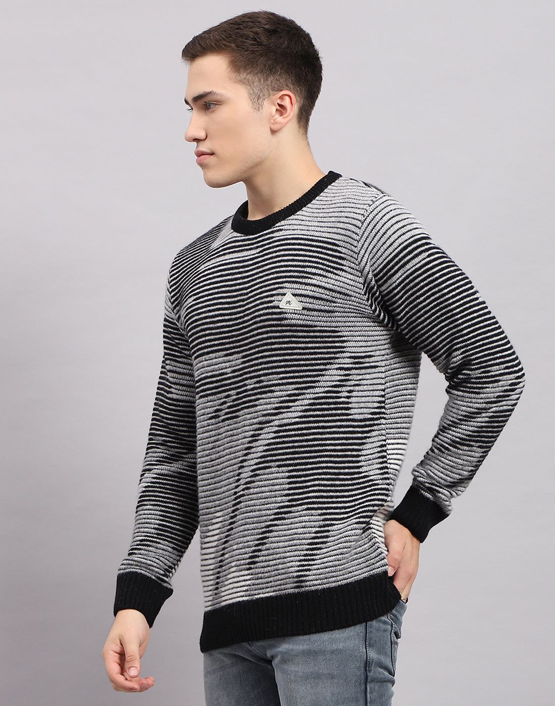 Men Black Self Design Round Neck Full Sleeve Pullover