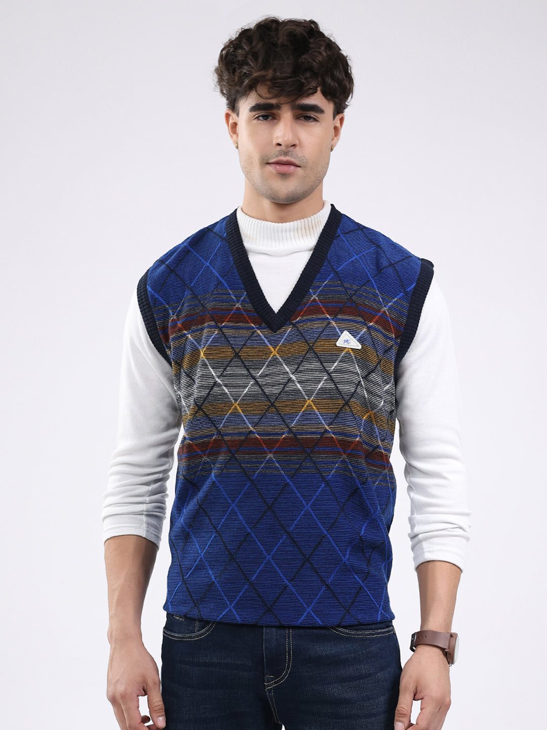 Men Blue Abstract V Neck Sleeveless Sweater