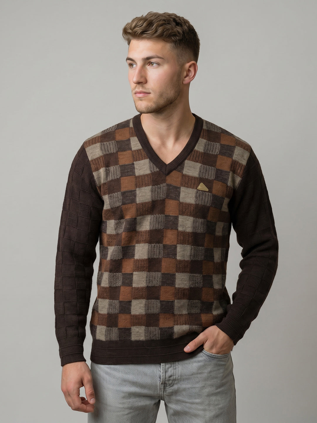 Men Brown Check V Neck Full Sleeve Pullover