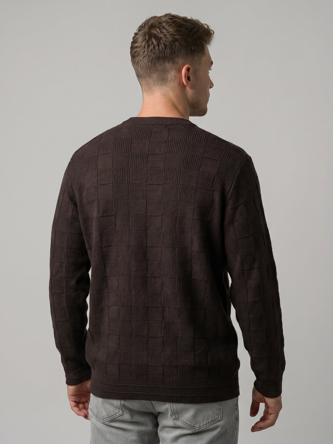 Men Brown Check V Neck Full Sleeve Pullover