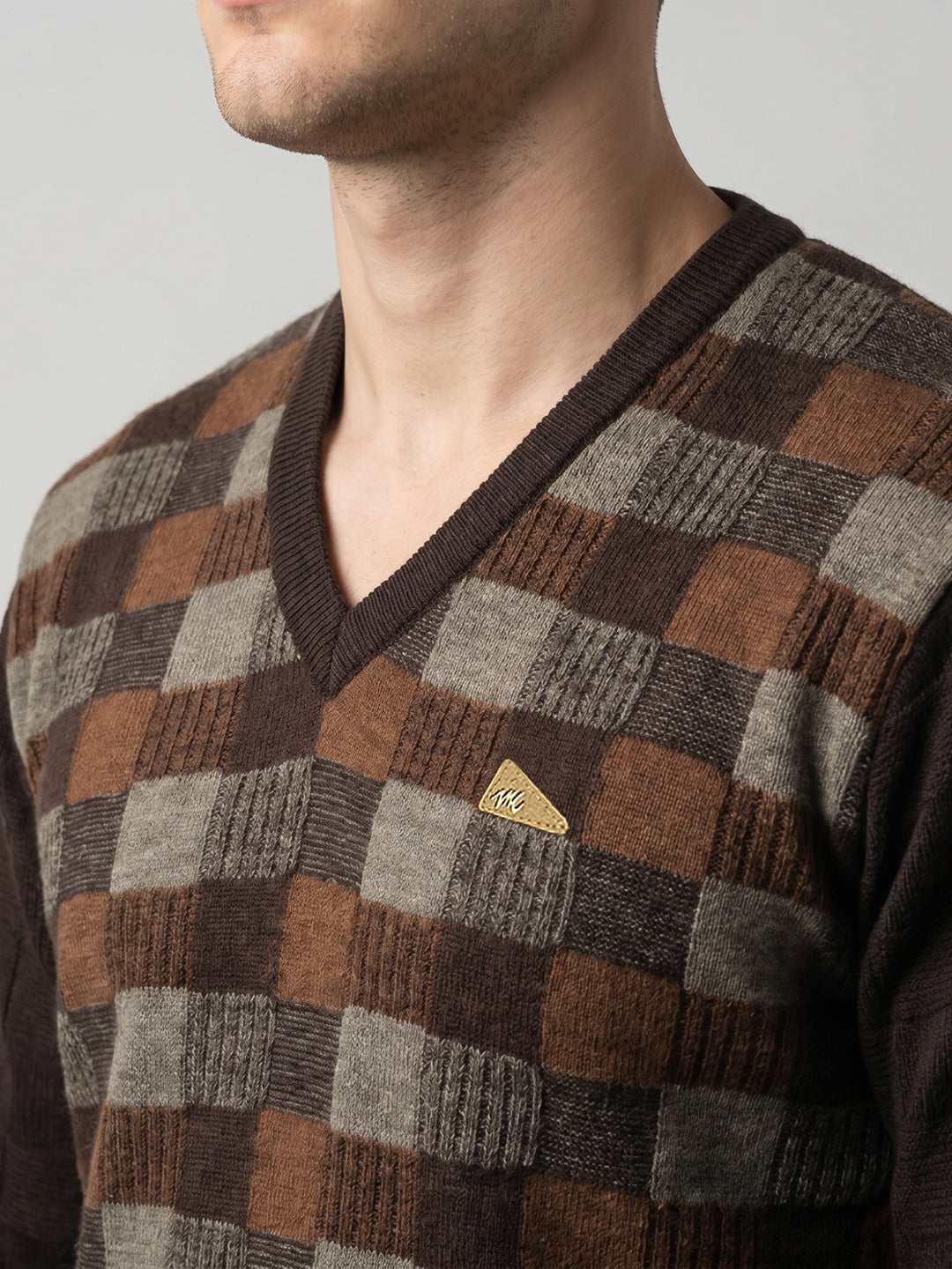 Men Brown Check V Neck Full Sleeve Pullover
