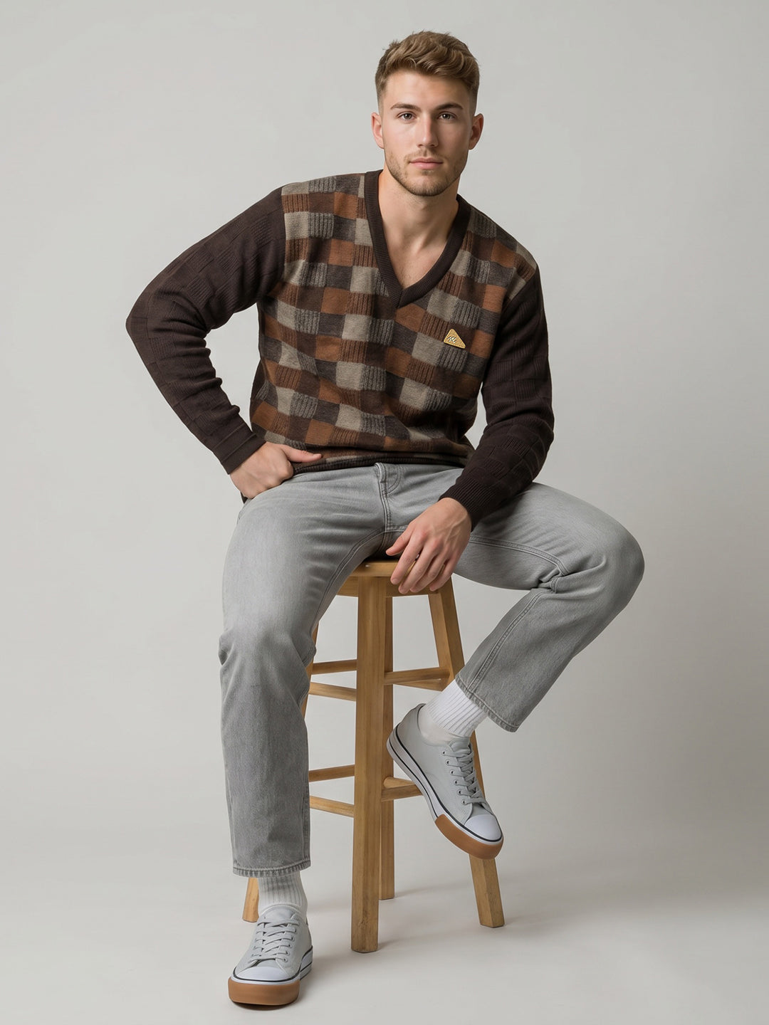 Men Brown Check V Neck Full Sleeve Pullover