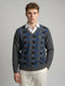 Men Grey Check V Neck Full Sleeve Pullover