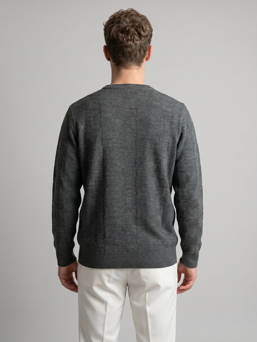 Men Grey Check V Neck Full Sleeve Pullover