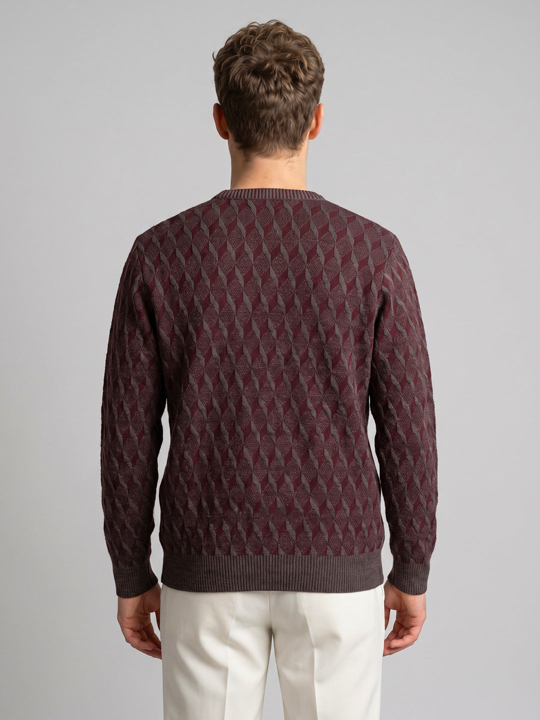 Men Maroon Self Design V Neck Full Sleeve Pullover