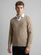 Men Camel Brown Self Design V Neck Full Sleeve Pullover