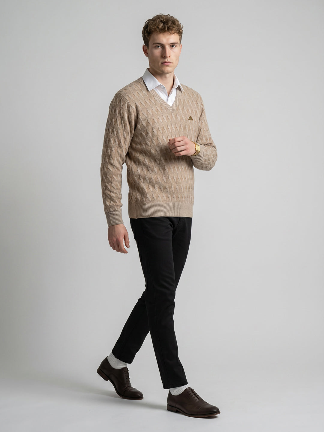 Men Camel Brown Self Design V Neck Full Sleeve Pullover