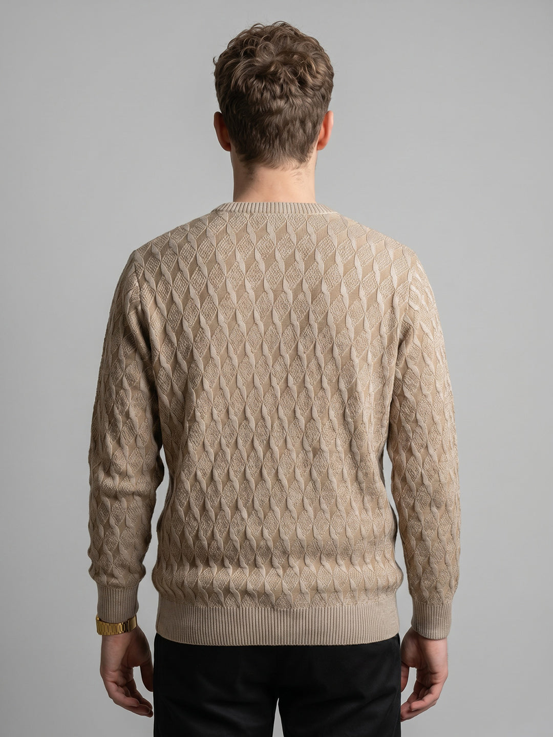 Men Camel Brown Self Design V Neck Full Sleeve Pullover