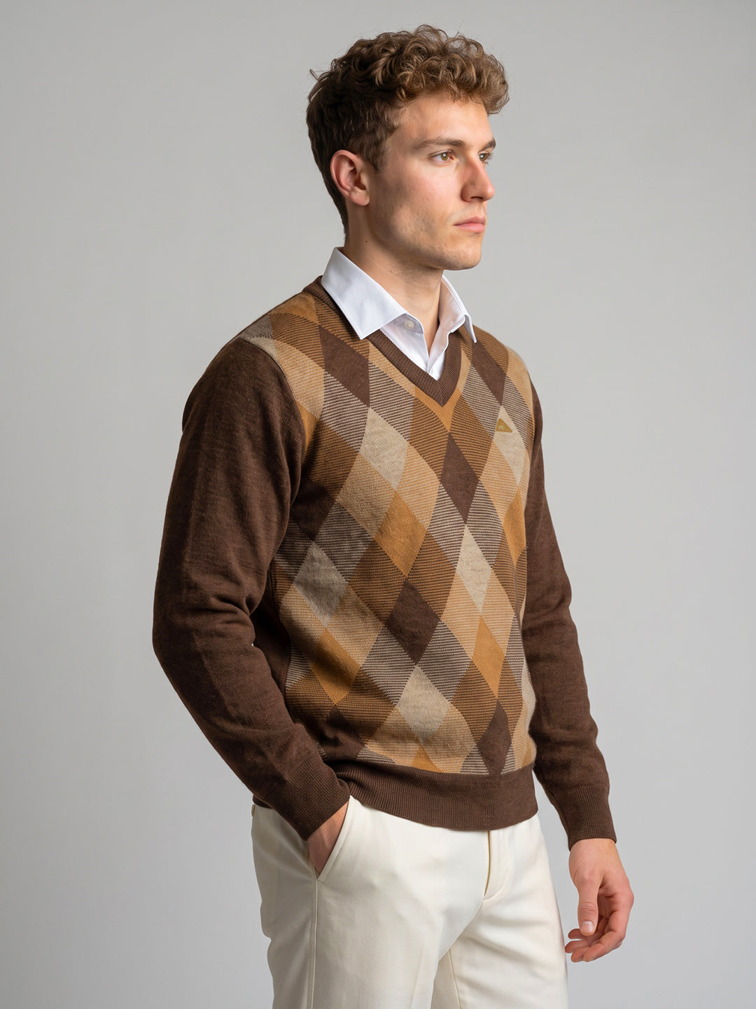 Men Brown Argyle Pattern V Neck Full Sleeve Pullover