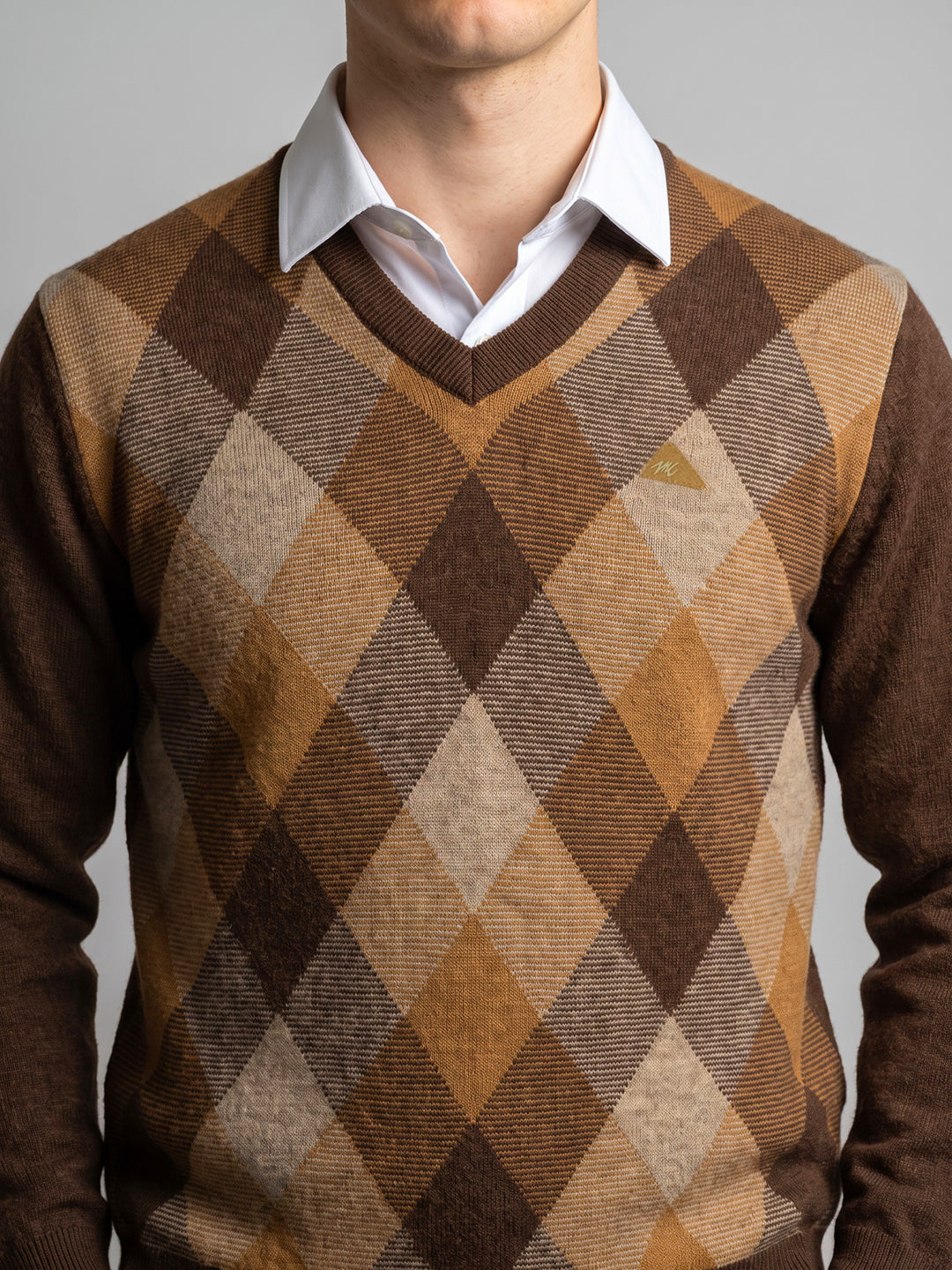 Men Brown Argyle Pattern V Neck Full Sleeve Pullover