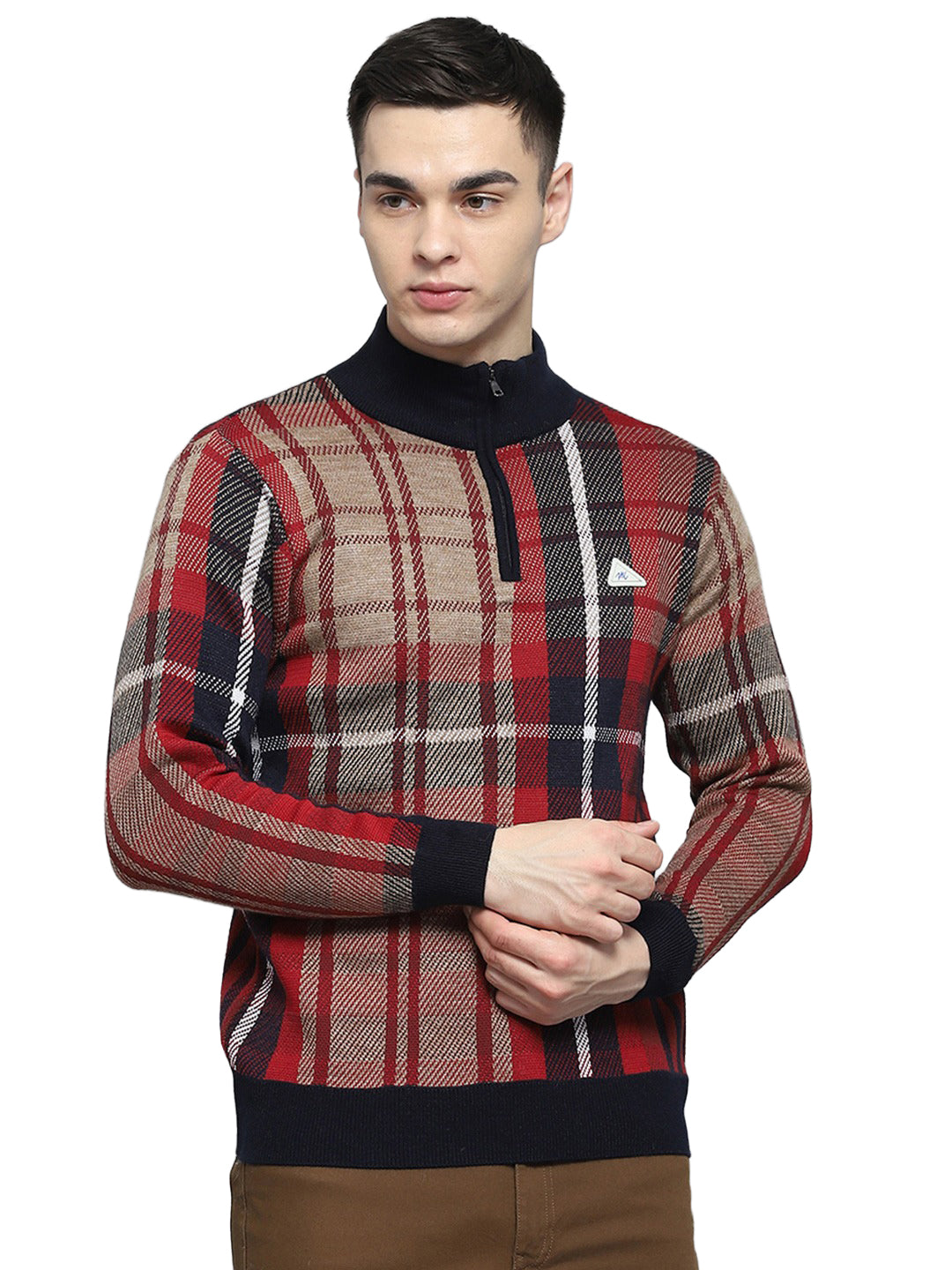 Men Navy Blue Printed High Neck Full Sleeve Pullover