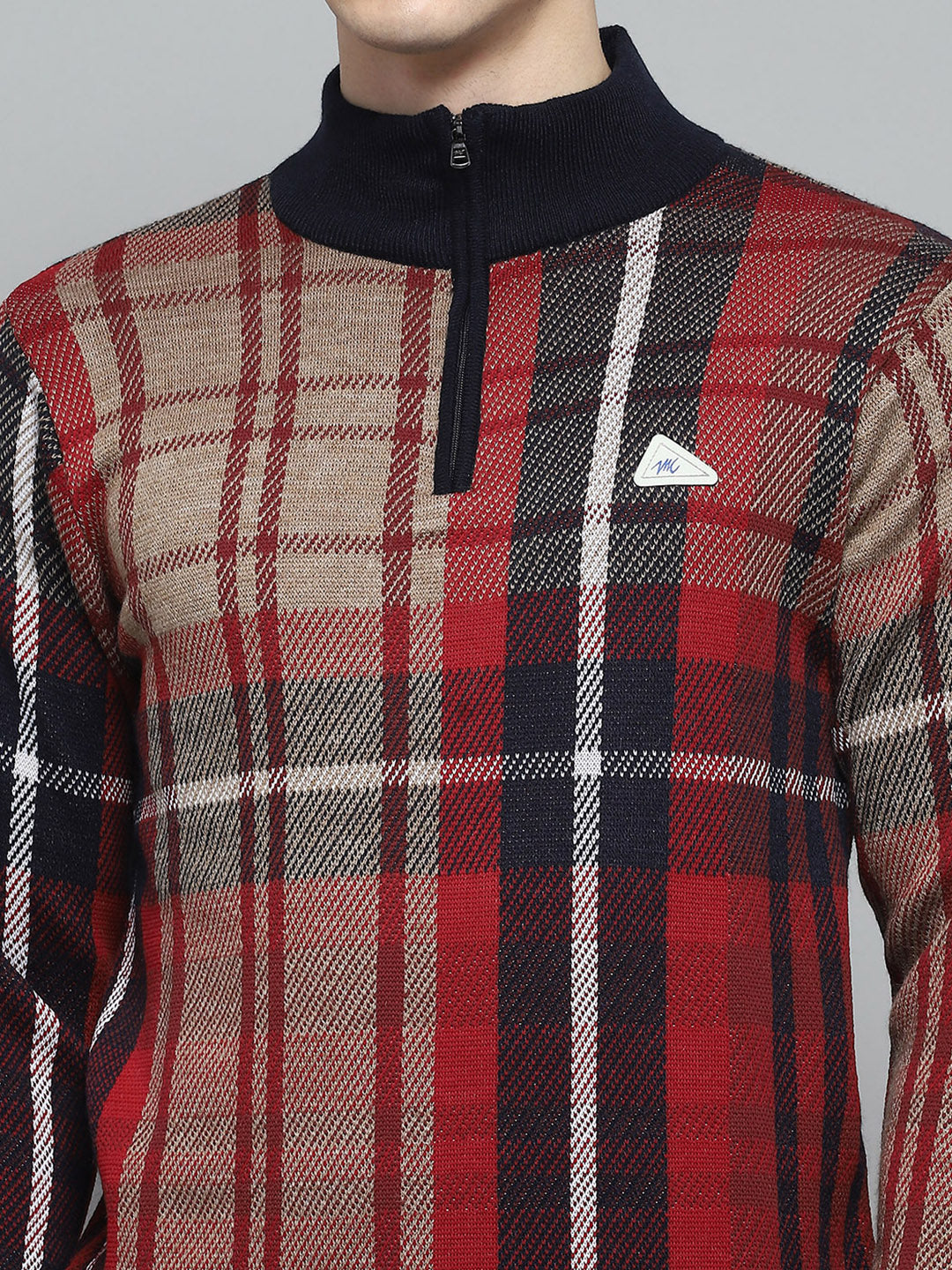 Men Navy Blue Printed High Neck Full Sleeve Pullover