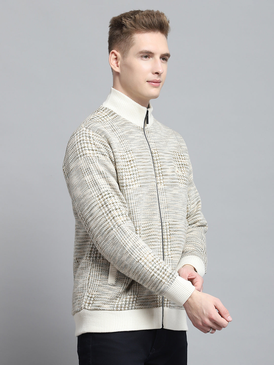 Men Beige Self Design Mock Neck Full Sleeve Jacket