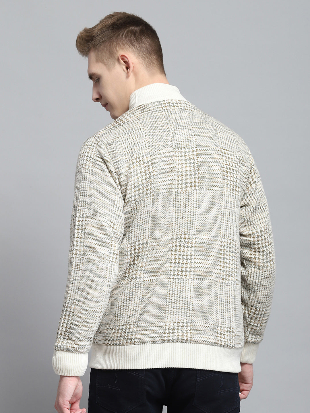 Men Beige Self Design Mock Neck Full Sleeve Jacket