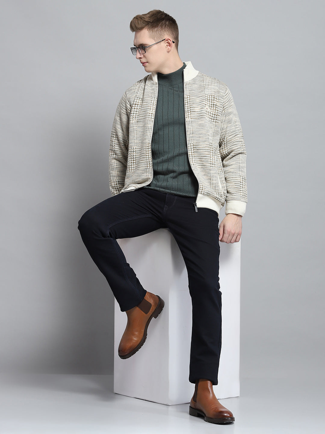 Men Beige Self Design Mock Neck Full Sleeve Jacket
