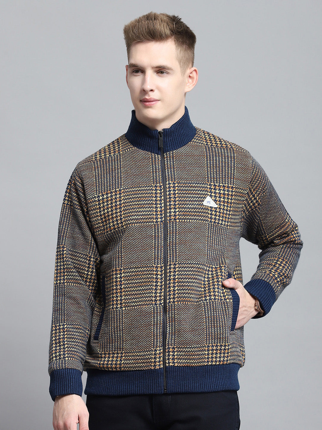 Men Blue Self Design Mock Neck Full Sleeve Jacket
