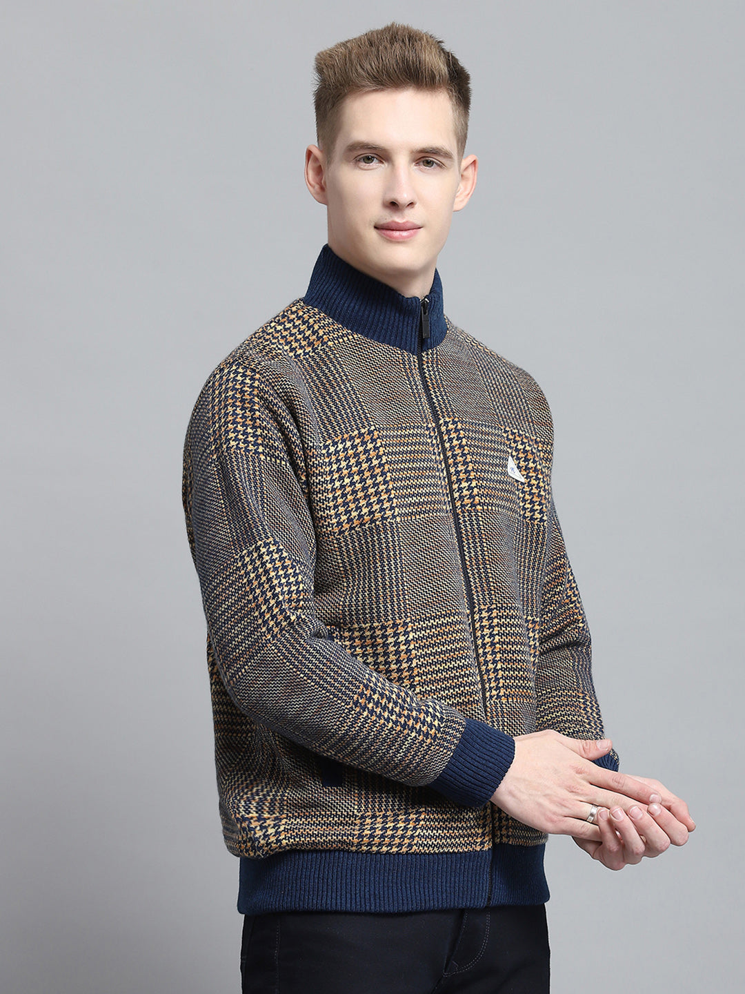 Men Blue Self Design Mock Neck Full Sleeve Jacket