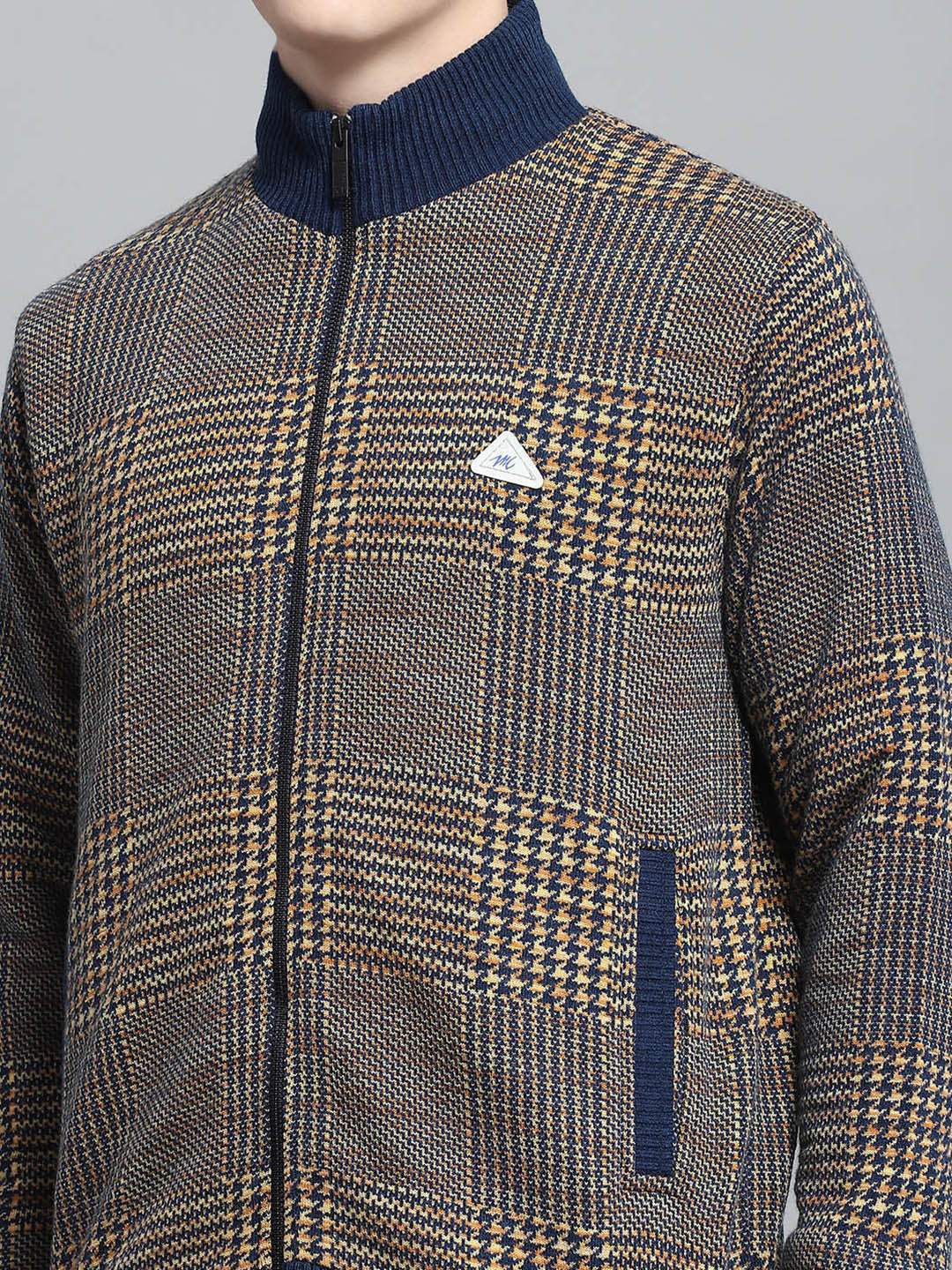 Men Blue Self Design Mock Neck Full Sleeve Jacket