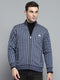 Men Navy Blue Self Design Mock Neck Full Sleeve Jacket