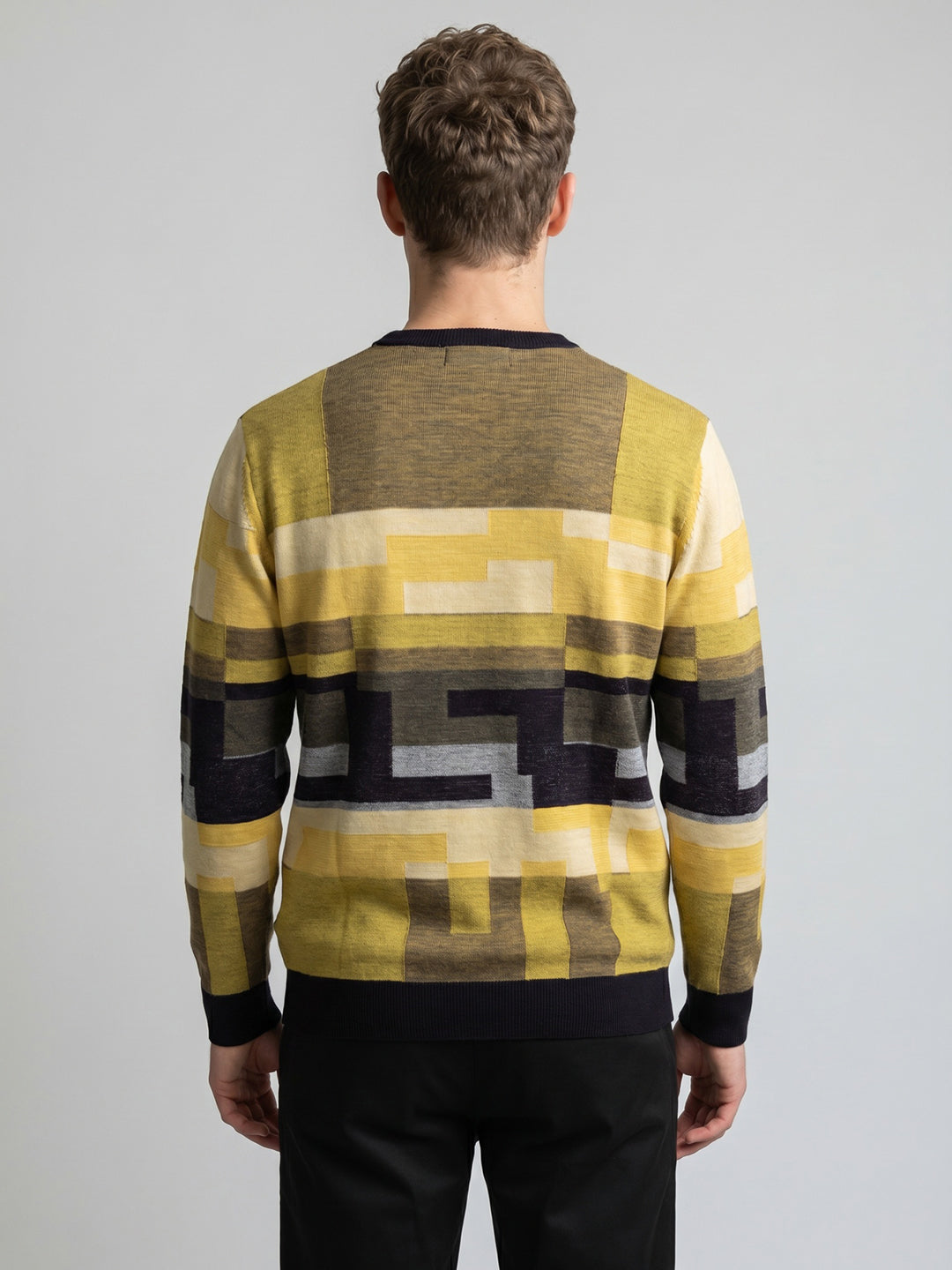 Men Navy Blue Self Design V Neck Full Sleeve Pullover