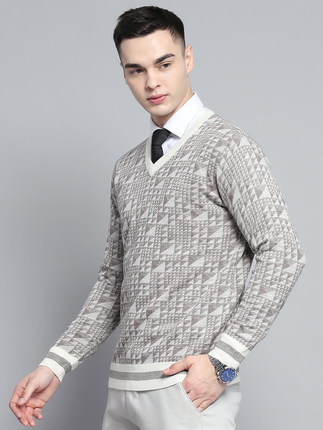 Men Brown Self Design V Neck Full Sleeve Pullover